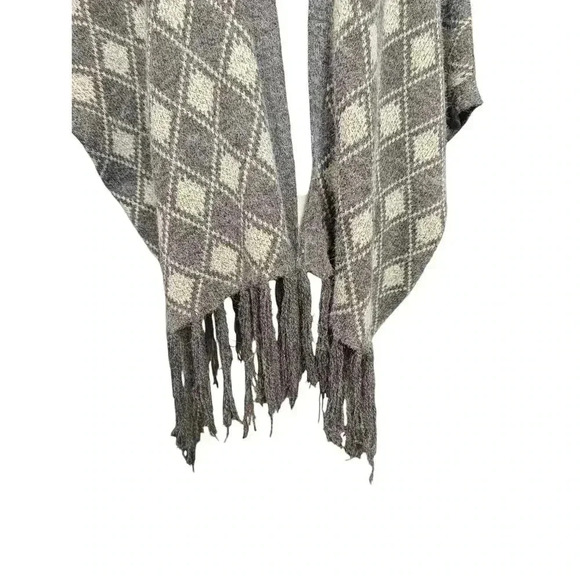 Women's Brown Tan Argyle Oversized Open Front Fringe Cardigan Sweater M/L - Picture 2 of 6